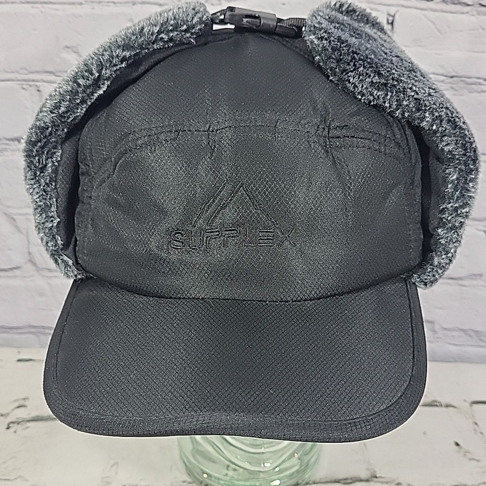 Supplex Winter Hat Black 5-Panel Camp Trapper Faux Fur Lined Ear Flaps